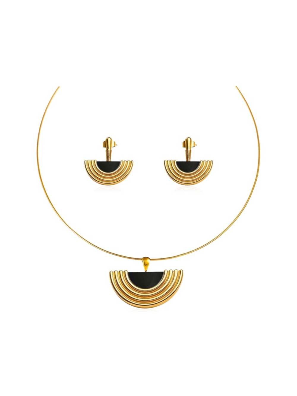 Gold and Black Semi-Circle Pendant Necklace & Earrings Set